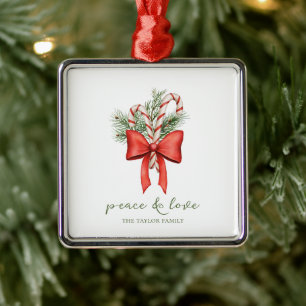 Vintage Simple Candy Cane Bow Peace Love religious Metal Ornament