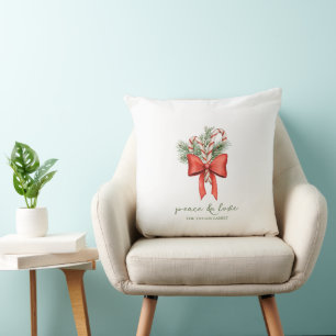 Vintage Simple Candy Cane Bow Peace Love religious Throw Pillow