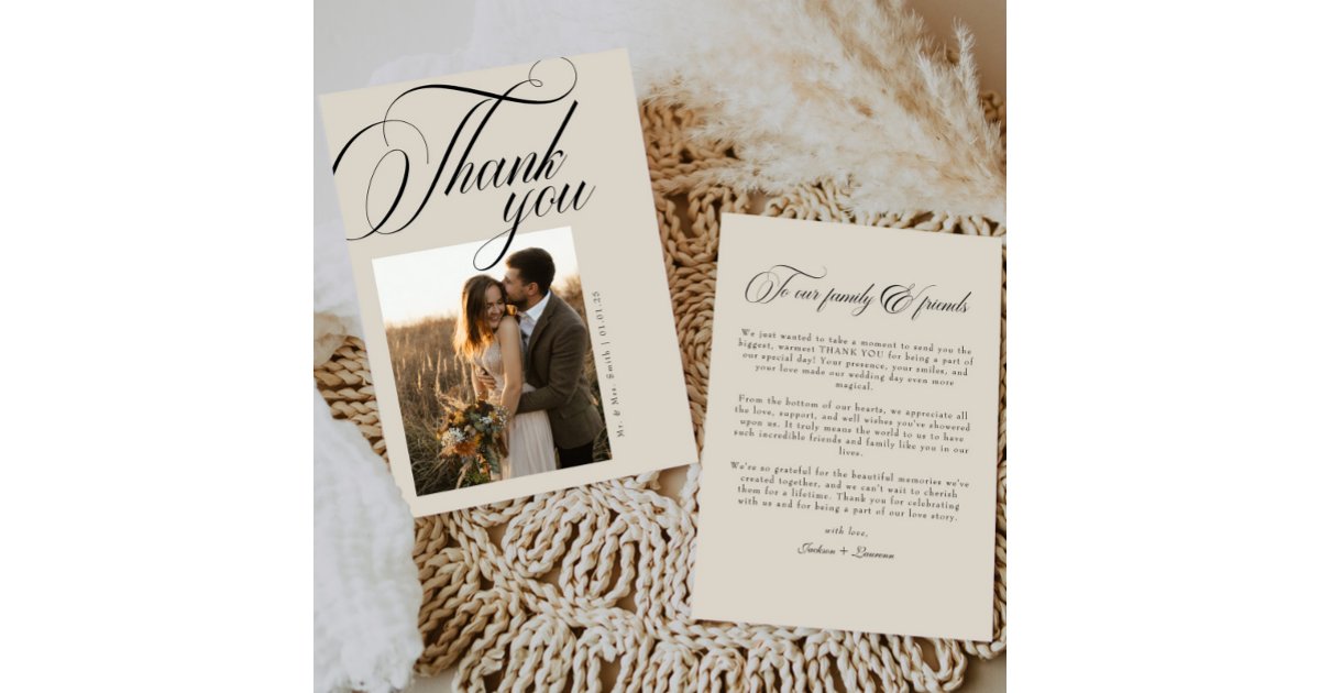 Vintage Simple Elegant Calligraphy Photo Wedding Thank You Card | Zazzle