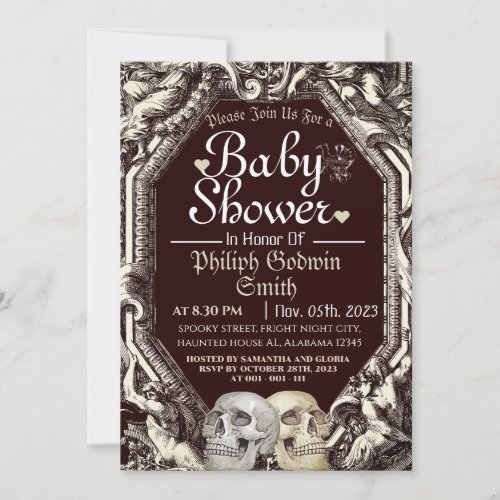 Vintage Simple Gothic Skull Halloween Baby Shower  Invitation