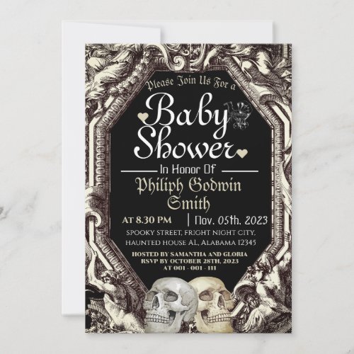 Vintage Simple Gothic Skull Halloween Baby Shower  Invitation