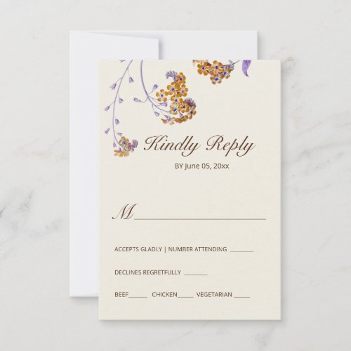 Vintage Simple Purple Beige Floral Wedding  RSVP Card