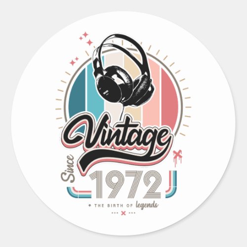 Vintage since 1972 headphones classic round sticker