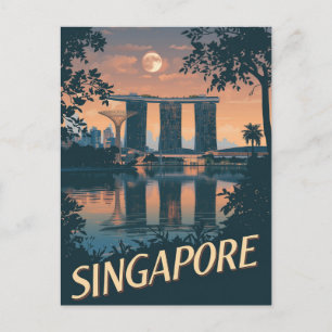Vintage Singapore Travel Poster Skyline Moon Postcard