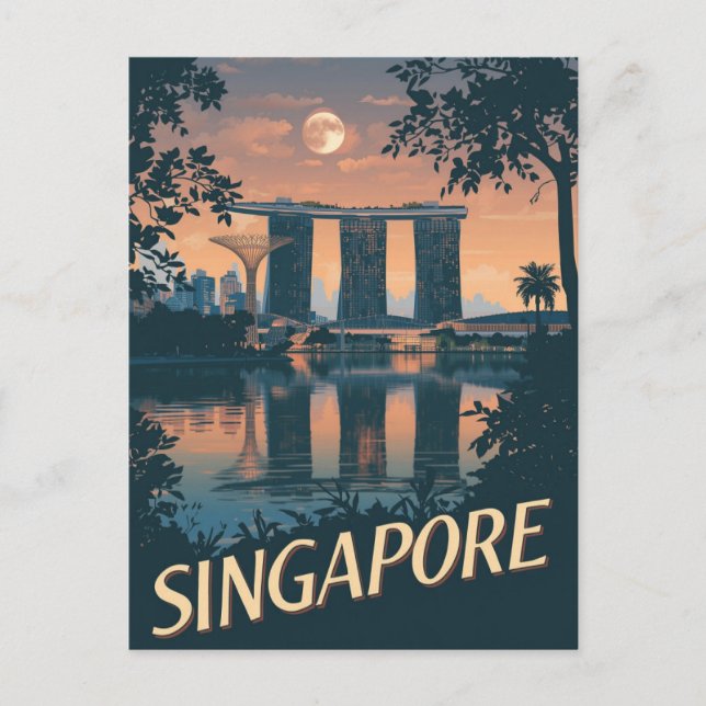 Vintage Singapore Travel Poster Skyline Moon Postcard (Front)