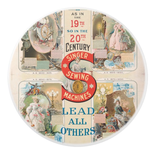 Vintage Singer Sewing Machine Ad Ceramic Knob (Front)