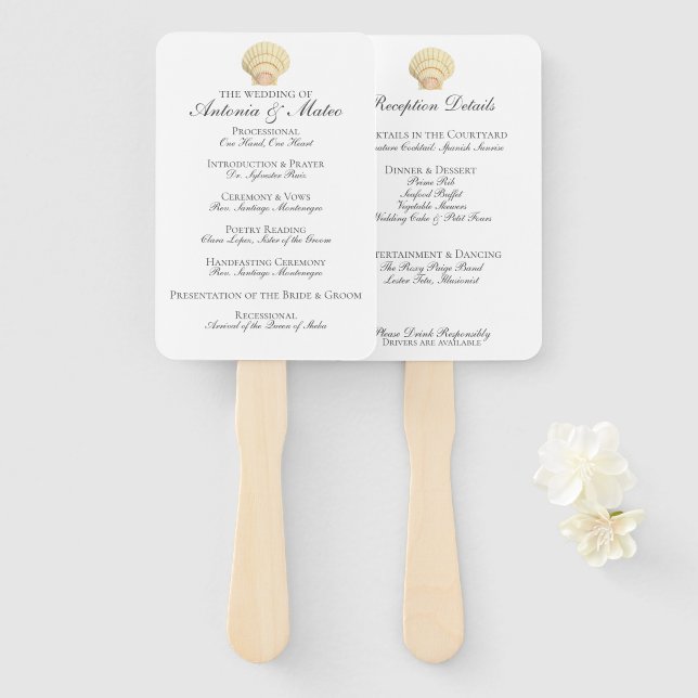 Vintage Single Seashell Wedding Program Menu Combo Hand Fan (Front and Back)