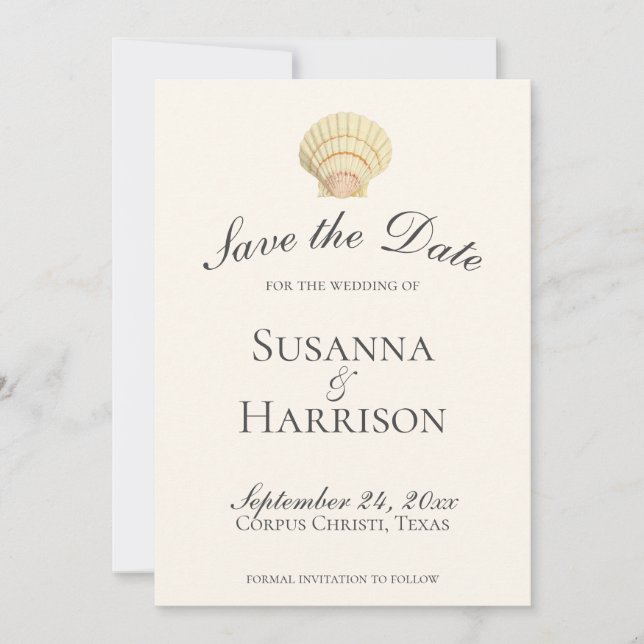 Vintage Single Seashell Wedding Save the Date (Front)
