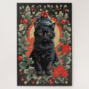 Vintage Sitting Black Cat Christmas Theme Jigsaw Puzzle