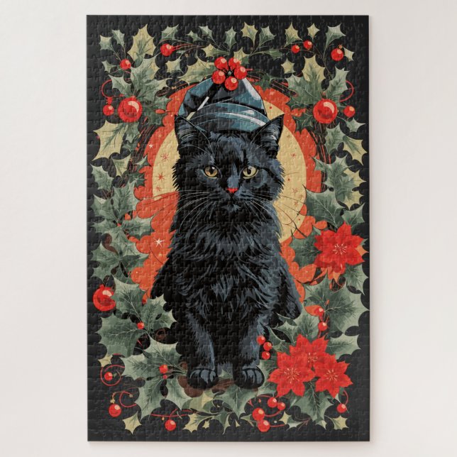 Vintage Sitting Black Cat Christmas Theme Jigsaw Puzzle (Vertical)