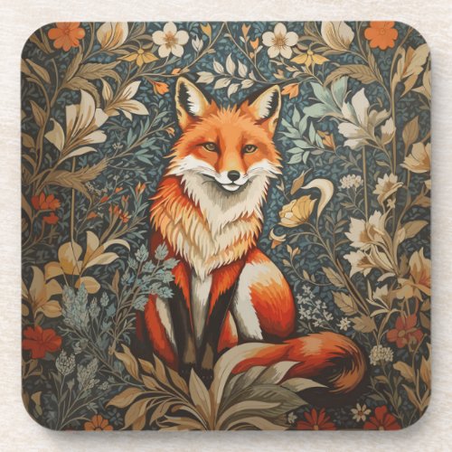 Vintage Sitting Fox William Morris Inspired Floral Beverage Coaster