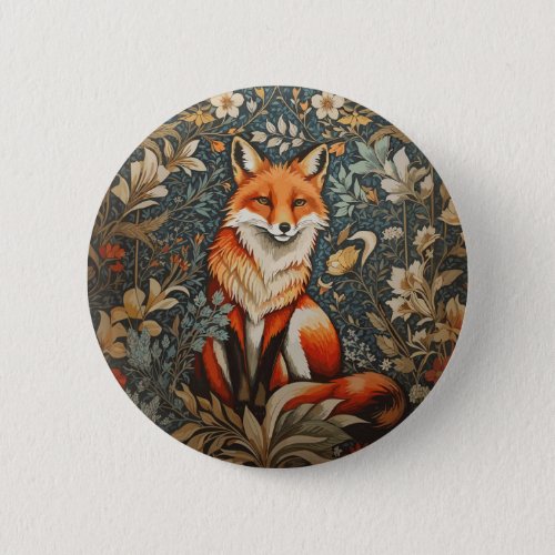 Vintage Sitting Fox William Morris Inspired Floral Button