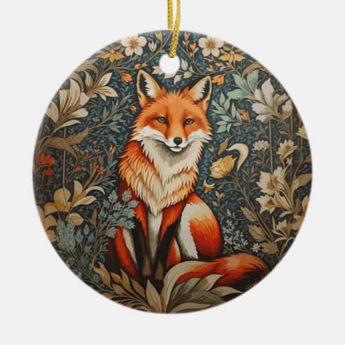 Vintage Sitting Fox William Morris Inspired Floral Ceramic Ornament