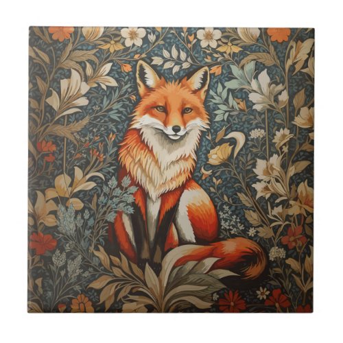 Vintage Sitting Fox William Morris Inspired Floral Ceramic Tile