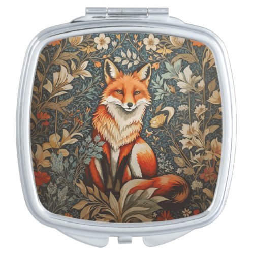 Vintage Sitting Fox William Morris Inspired Floral Compact Mirror