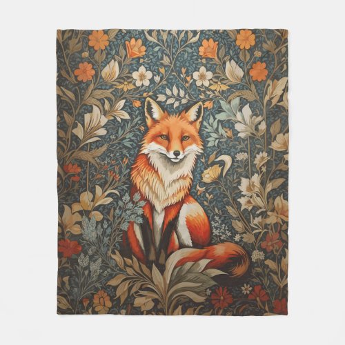 Vintage Sitting Fox William Morris Inspired Floral Fleece Blanket
