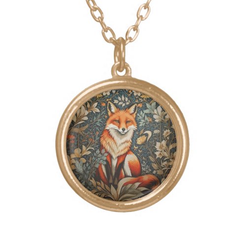 Vintage Sitting Fox William Morris Inspired Floral Gold Plated Necklace