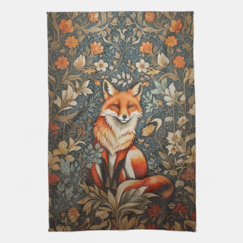 Vintage Sitting Fox William Morris Inspired Floral Kitchen Towel