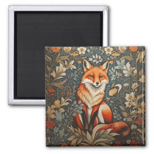 Vintage Sitting Fox William Morris Inspired Floral Magnet