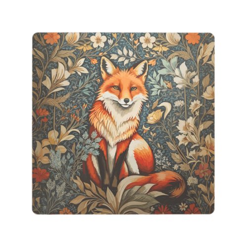 Vintage Sitting Fox William Morris Inspired Floral Metal Print