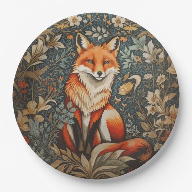 Vintage Sitting Fox William Morris Inspired Floral Paper Plates (Front)