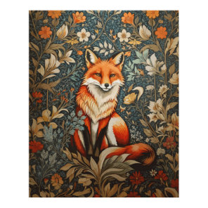 Vintage Sitting Fox William Morris Inspired Floral Poster