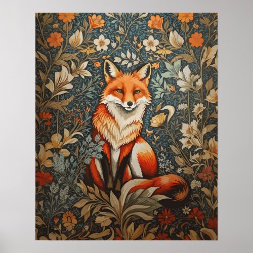 Vintage Sitting Fox William Morris Inspired Floral Poster