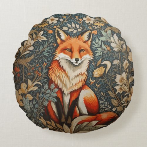 Vintage Sitting Fox William Morris Inspired Floral Round Pillow