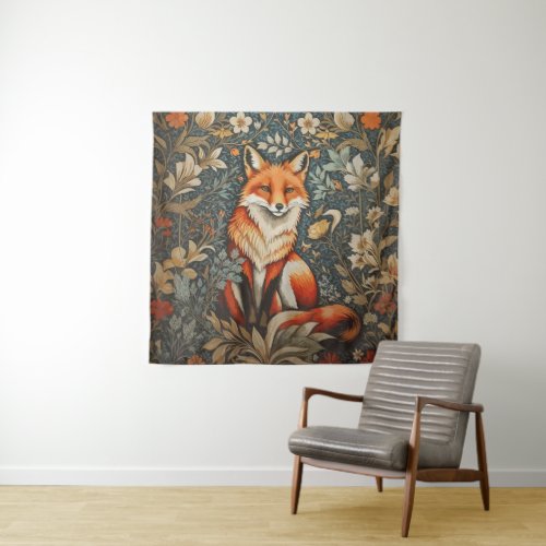 Vintage Sitting Fox William Morris Inspired Floral Tapestry