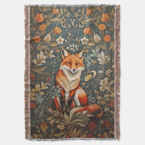 Vintage Sitting Fox William Morris Inspired Floral Throw Blanket