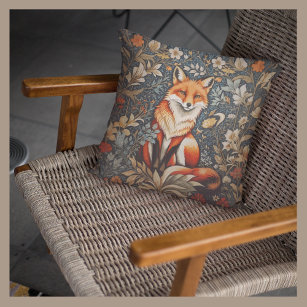Vintage Sitting Fox William Morris Inspired Floral Throw Pillow