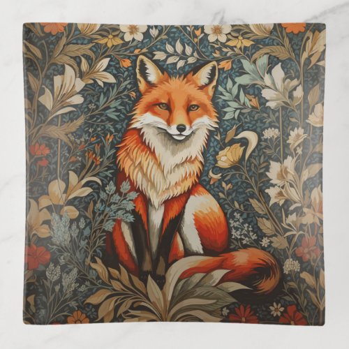Vintage Sitting Fox William Morris Inspired Floral Trinket Tray