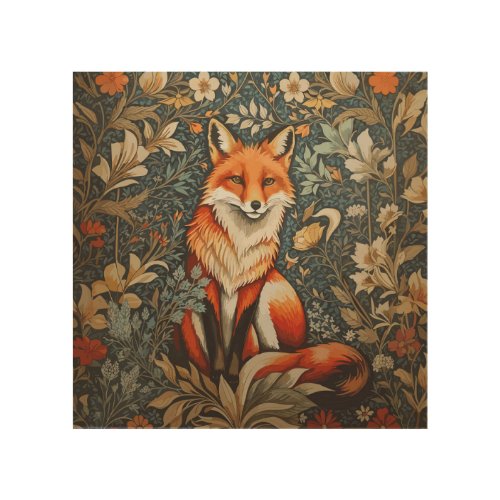 Vintage Sitting Fox William Morris Inspired Floral Wood Wall Art