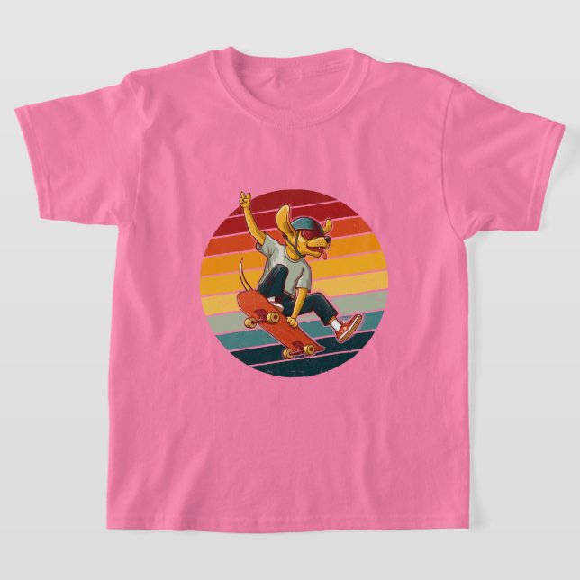 Vintage Skater Dog in Retro Circle T-Shirt (Laydown)