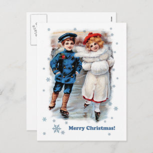 Vintage Skating Kids Christmas  Holiday Postcard