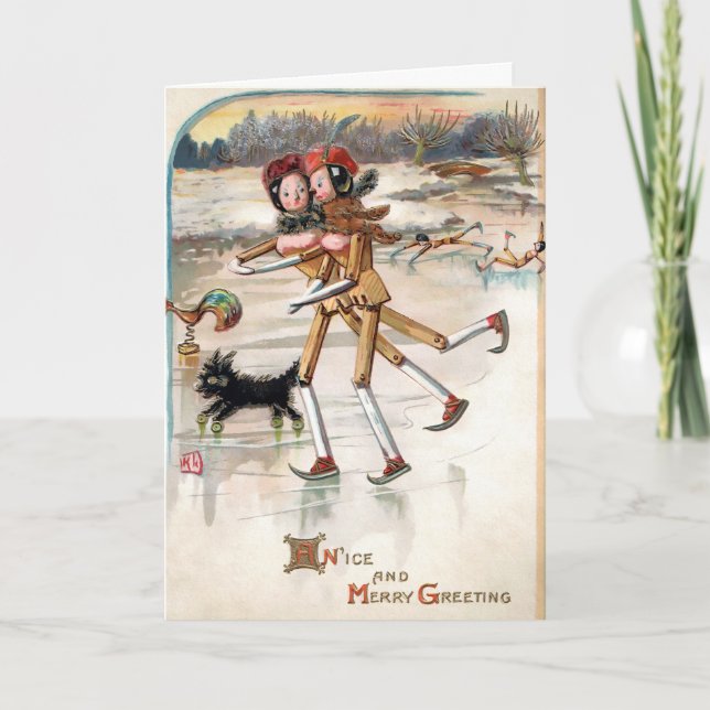 Vintage Skating Wooden Dolls Holiday Card (Front)