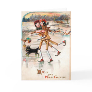 Vintage Skating Wooden Dolls Holiday Card