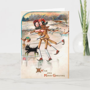 Vintage Skating Wooden Dolls Holiday Card