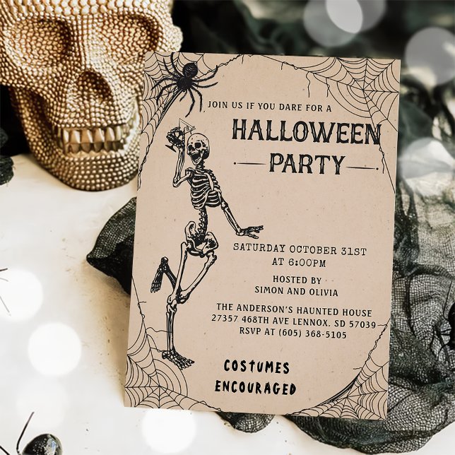 Vintage Skeleton Adult Halloween Party Invitation (Creator Uploaded)
