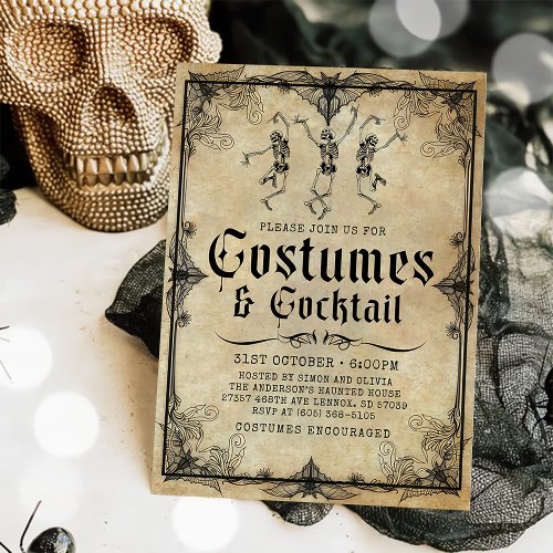 Vintage Skeleton Costumes  Cocktail Halloween  Invitation