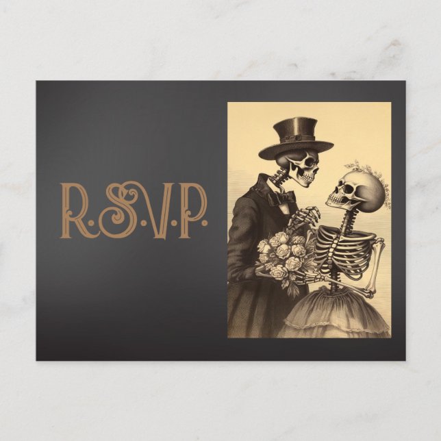 Vintage Skeleton Couple Gold and Black RSVP Postcard (Front)