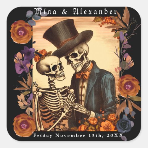 Vintage Skeleton Couple Wedding Square Sticker