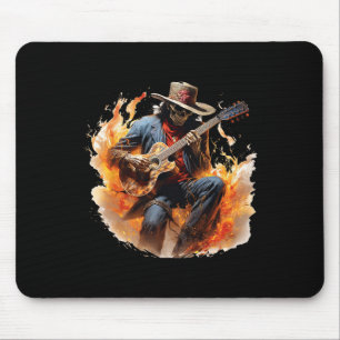 Vintage Skeleton Cowboy Playing Guitar Fire Mouse Pad