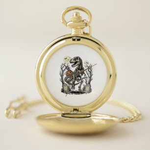 Vintage Skeleton Dinosaur Halloween Graveyard Desi Pocket Watch