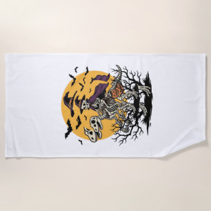 Vintage Skeleton Dinosaur Halloween Shirt Design_1 Beach Towel