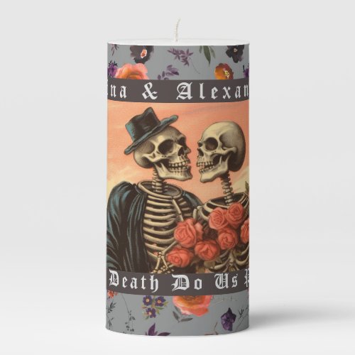 Vintage Skeleton Goth Dark Floral Wedding Pillar Candle
