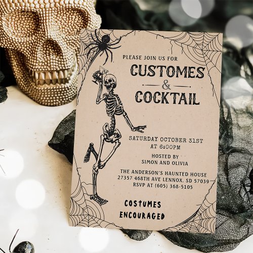 Vintage Skeleton Halloween Costumes  Cocktail  Invitation