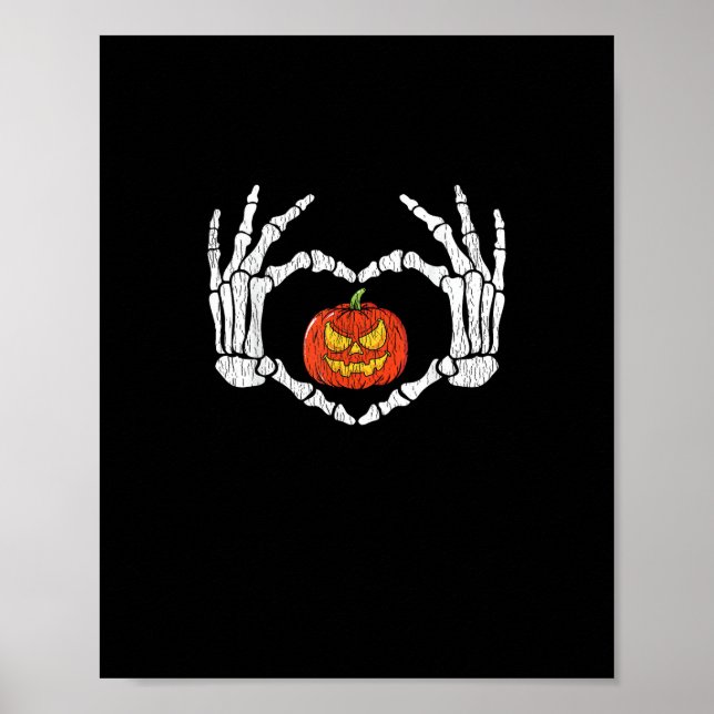Vintage Skeleton Hands Heart Pumpkin Autumn Retro  Poster (Front)