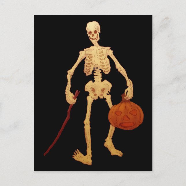 Vintage Skeleton Holding a Stick and Pumpkin Postcard (Front)