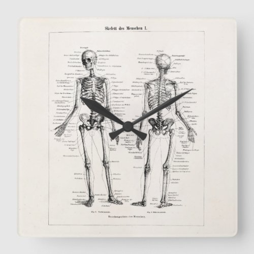 Vintage Skeleton Human Anatomy Bone Bones Skull Square Wall Clock